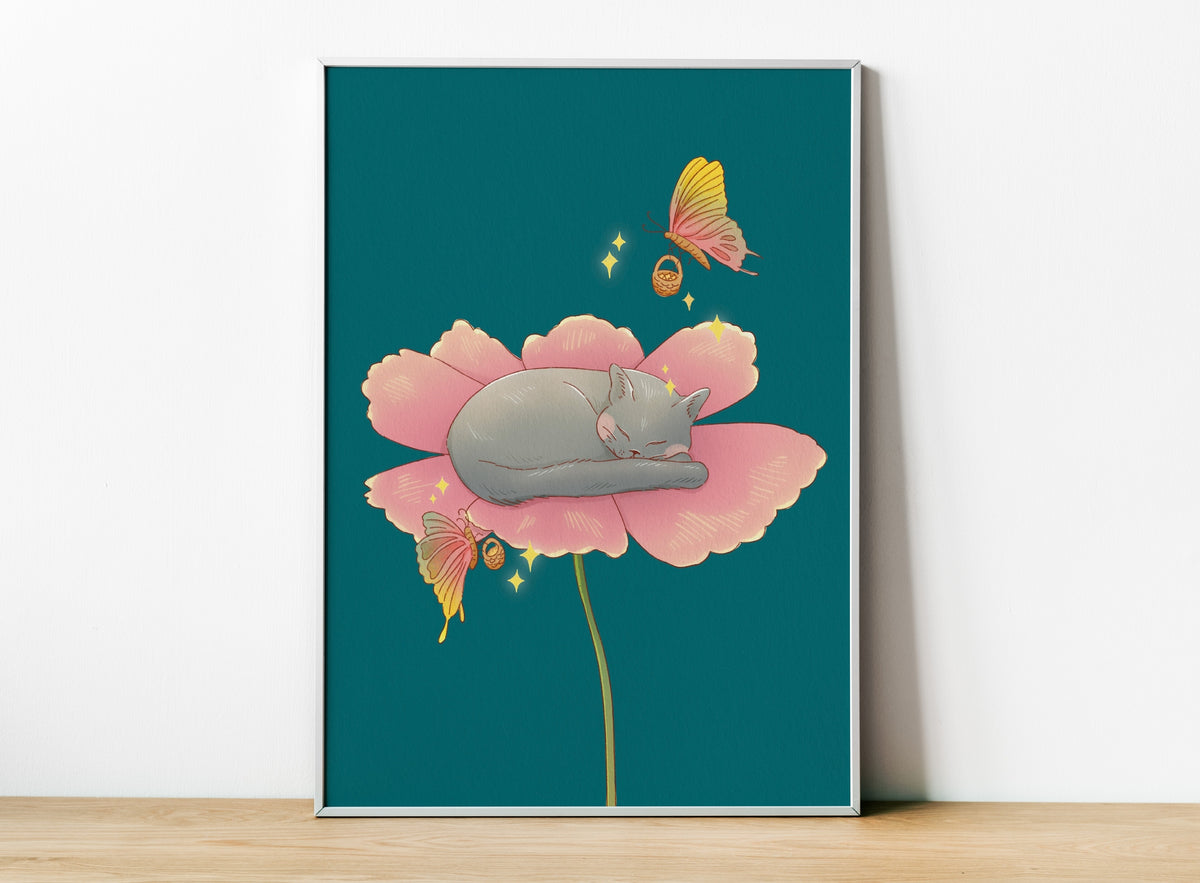 Sleeping Cat Flower Art Print