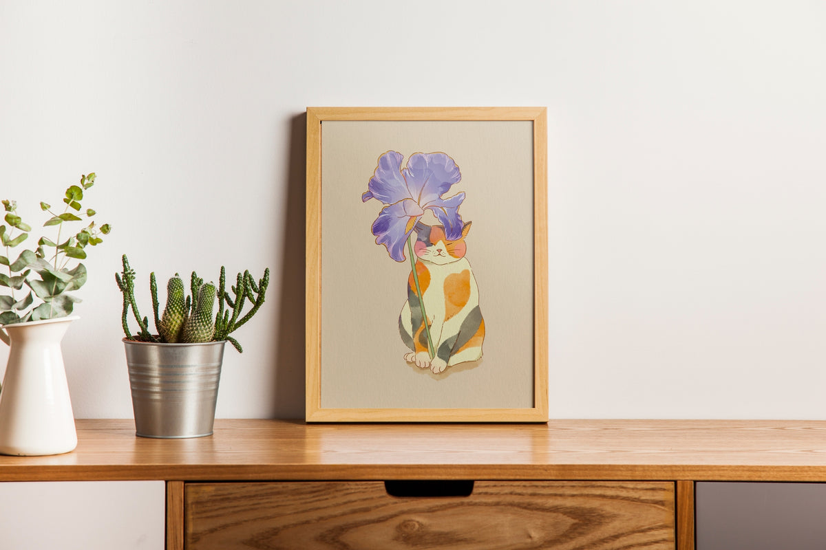 Cat with Iris Umbrella Art Print