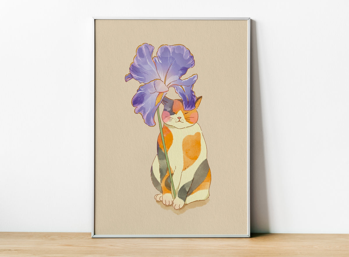 Cat with Iris Umbrella Art Print