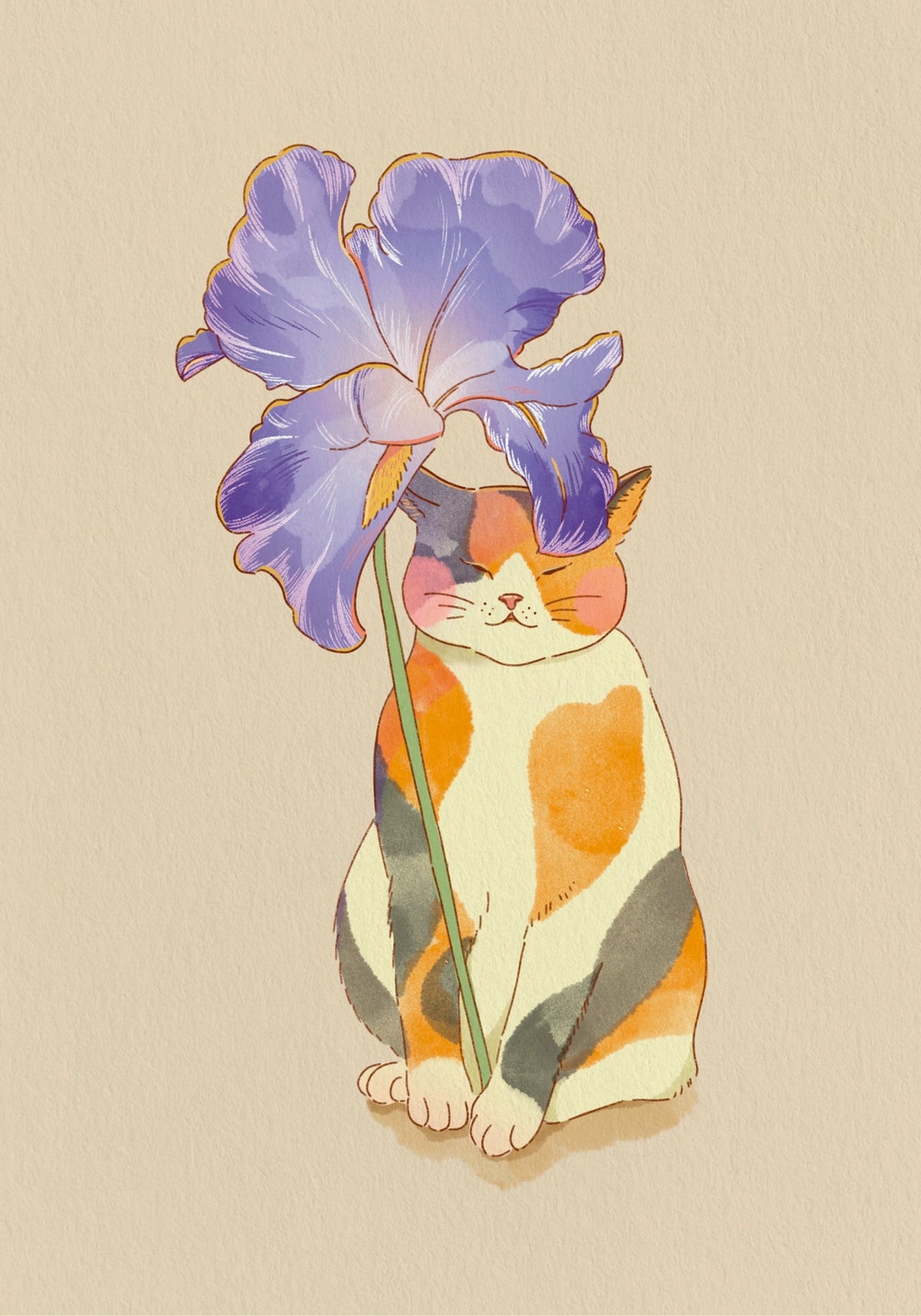 Cat with Iris Umbrella Art Print