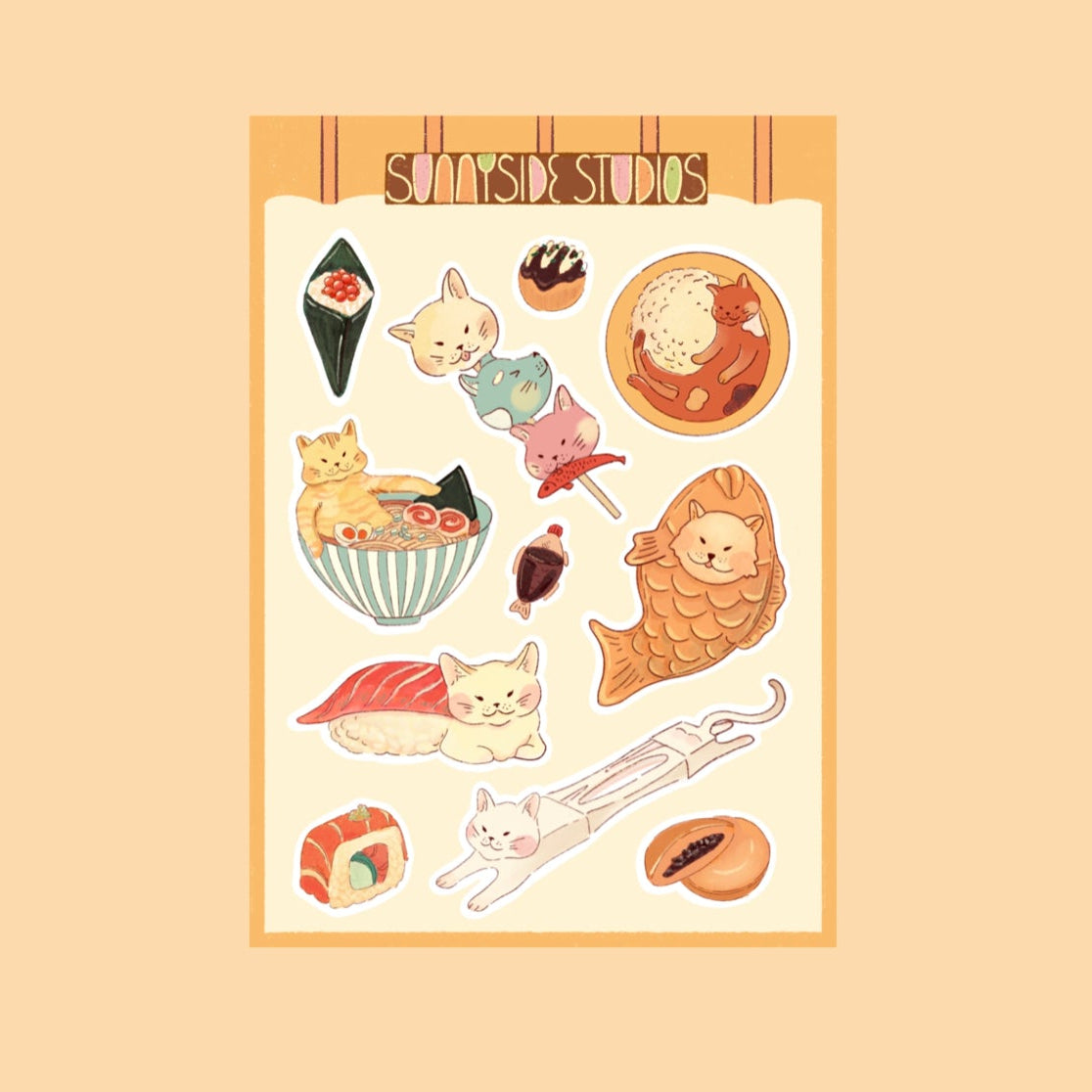 Sushi Cat sticker sheet featuring adorable cat illustrations inspired by sushi and Japanese food, designed by Sunnyside Studios